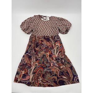 Anthropologie | kachel Kulture Paisley puff sleeve mini Dress - Orange & Purple